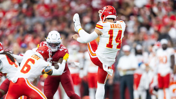Aug 9, 2025; Glendale, Arizona, USA; Kansas City Chiefs punter Matt Araiza (14).