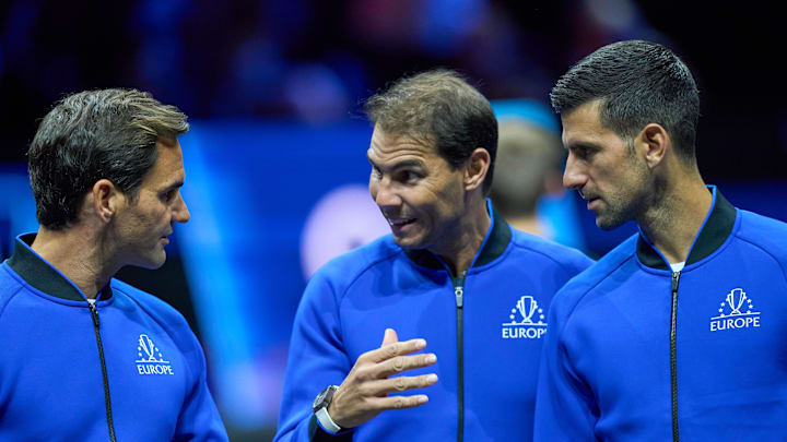 Sep 23, 2022; London, United Kingdom;  Roger Federer (SUI) and Rafael Nadal (ESP) and Novak Djokovic (SRB) of Team Europe  on court at the opening of the Laver Cup tennis event.  Mandatory Credit: Peter van den Berg-Imagn Images