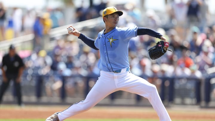 Mar 15, 2024; Port Charlotte, Florida, USA; Tampa Bay Rays pitcher Naoyuki Uwasawa (36) faces the Baltimore Orioles in Spring Training. Mar 15, 2024; Port Charlotte, Florida, USA; Tampa Bay Rays pitcher Naoyuki Uwasawa (36) faces the Baltimore Orioles in Spring Training.
