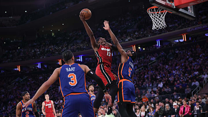 Jan 27, 2024; New York, New York, USA; Miami Heat center Bam Adebayo (13) drives for a shot as New