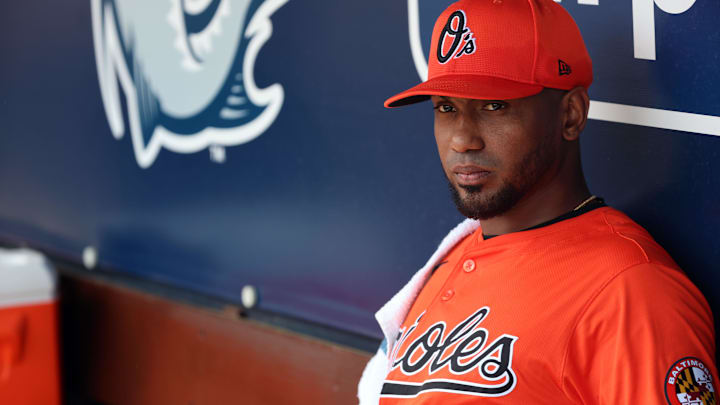 Mar 11, 2024; Tampa, Florida, USA; Baltimore Orioles pitcher Julio Teheran (49) looks on during the first inning against the New York Yankees at George M. Steinbrenner Field.