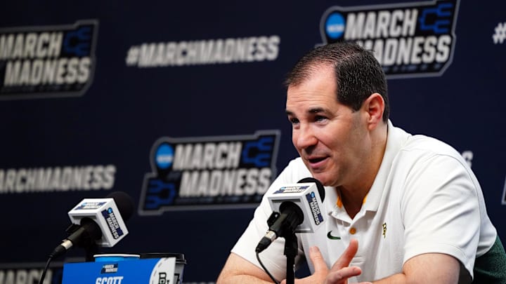 Mar 21, 2024; Memphis, TN, USA; Baylor Bears head coach Scott Drew speaks with the media during a Mar 21, 2024; Memphis, TN, USA; Baylor Bears head coach Scott Drew speaks with the media during a