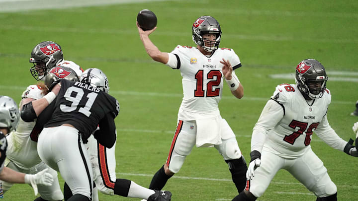 Oct 25, 2020; Paradise, Nevada, USA; Tampa Bay Buccaneers quarterback Tom Brady (12) throws the ball Oct 25, 2020; Paradise, Nevada, USA; Tampa Bay Buccaneers quarterback Tom Brady (12) throws the ball