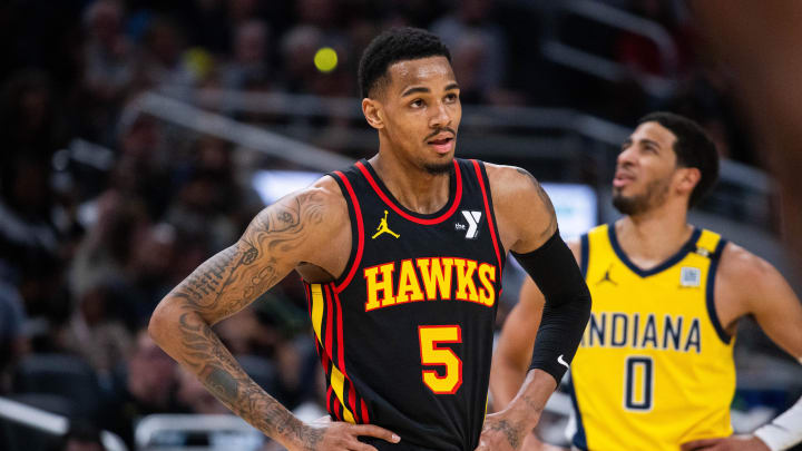 Apr 14, 2024; Indianapolis, Indiana, USA; Atlanta Hawks guard Dejounte Murray (5) in the first half Apr 14, 2024; Indianapolis, Indiana, USA; Atlanta Hawks guard Dejounte Murray (5) in the first half
