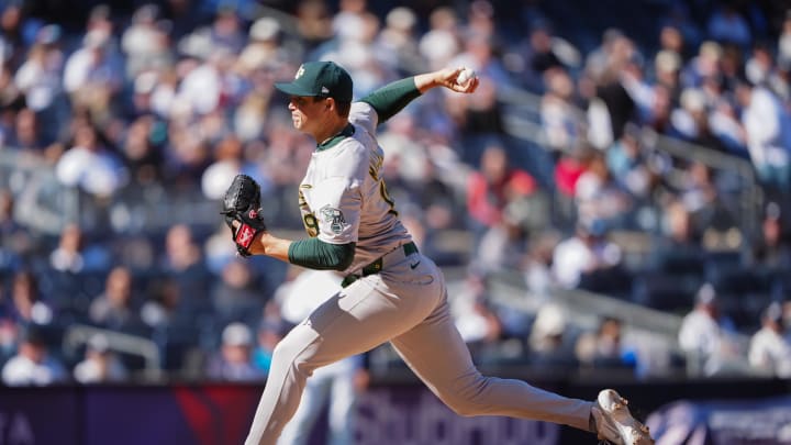 Apr 22, 2024; Bronx, New York, USA; Oakland Athletics pitcher Mason Miller (19) delivers against the