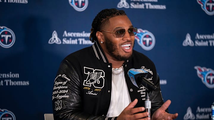 The Tennessee Titans first-round draft pick JC Latham fields questions from the media at the team’s The Tennessee Titans first-round draft pick JC Latham fields questions from the media at the team’s