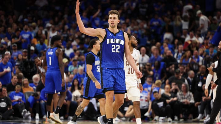 Apr 27, 2024; Orlando, Florida, USA; Orlando Magic forward Franz Wagner (22) reacts after a basket