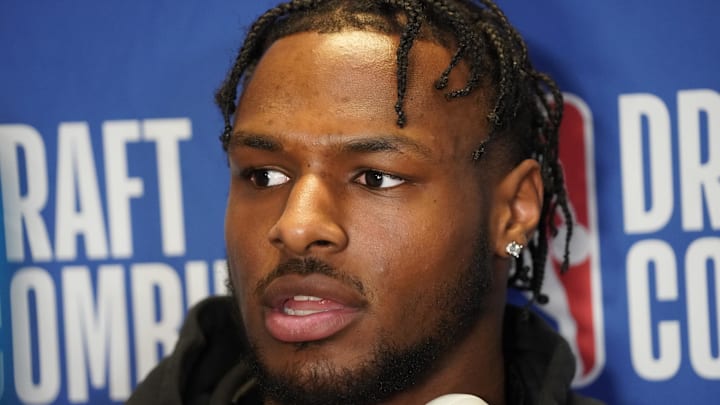 May 14, 2024; Chicago, IL, USA; Bronny James talks to the media during the 2024 NBA Draft Combine at May 14, 2024; Chicago, IL, USA; Bronny James talks to the media during the 2024 NBA Draft Combine at