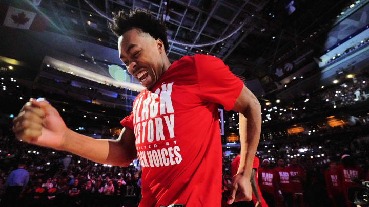 Feb 12, 2024; Toronto, Ontario, CAN; Toronto Raptors forward Scottie Barnes (4) reacts as he comes out for player introductions before a game against the San Antonio Spurs at Scotiabank Arena. Mandatory Credit: John E. Sokolowski-USA TODAY Sports Feb 12, 2024; Toronto, Ontario, CAN; Toronto Raptors forward Scottie Barnes (4) reacts as he comes out for player introductions before a game against the San Antonio Spurs at Scotiabank Arena. Mandatory Credit: John E. Sokolowski-USA TODAY Sports