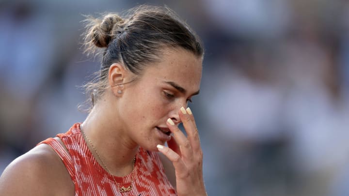 Jun 5, 2024; Paris, France; Aryna Sabalenka during her match against Mirra Andreeva on day 11 of Roland Garros at Stade Roland Garros. Mandatory Credit: Susan Mullane-USA TODAY Sports