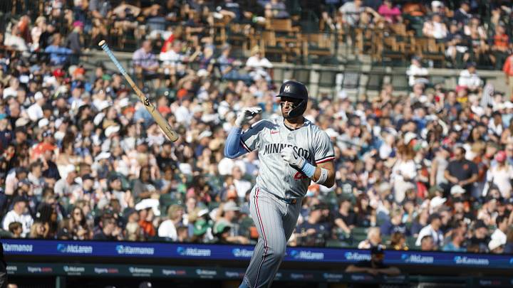 Jul 27, 2024; Detroit, Michigan, USA; Minnesota Twins designated hitter Royce Lewis (23) celebrates after hitting a home run in the first inning against the Detroit Tigers at Comerica Park. Mandatory Credit: Brian Bradshaw Sevald-USA TODAY Sports Jul 27, 2024; Detroit, Michigan, USA; Minnesota Twins designated hitter Royce Lewis (23) celebrates after hitting a home run in the first inning against the Detroit Tigers at Comerica Park. Mandatory Credit: Brian Bradshaw Sevald-USA TODAY Sports