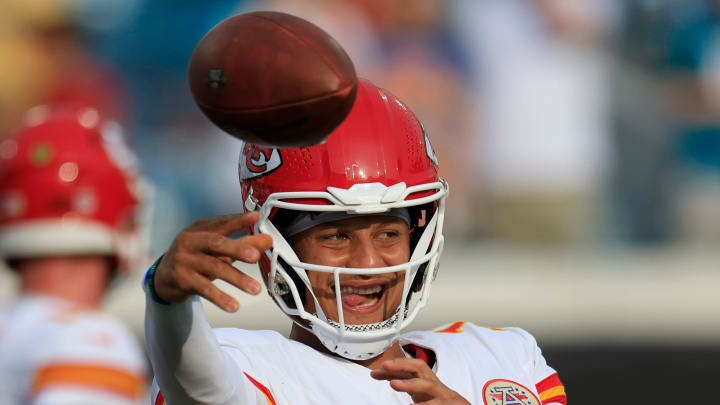 Kansas City Chiefs quarterback Patrick Mahomes (15) warms up before a preseason NFL football game Saturday, Aug. 10, 2024 at EverBank Stadium in Jacksonville, Fla. [Corey Perrine/Florida Times-Union]
