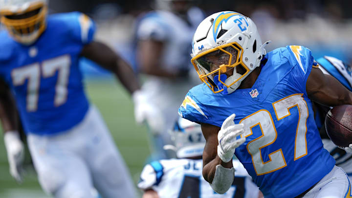 Los Angeles Chargers running back J.K. Dobbins. Los Angeles Chargers running back J.K. Dobbins.