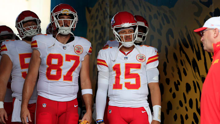 Travis Kelce and Patrick Mahomes before the Chiefs' 26–13 loss to the Jaguars on Aug. 10, 2024.