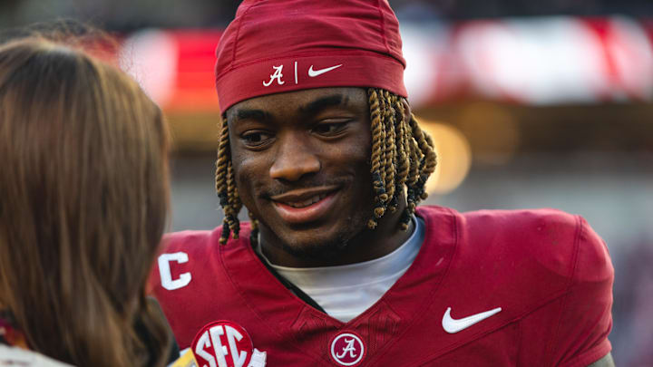 Alabama Crimson Tide quarterback Jalen Milroe gives a postgame interview with SEC Nation after the end of the fourth quarter at Bryant-Denny Stadium on November 16, 2024. 