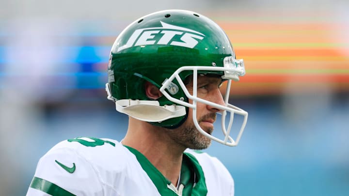 New York Jets quarterback Aaron Rodgers (8) looks on before an NFL football matchup Sunday, Dec. 15, 2024 at EverBank Stadium in Jacksonville, Fla. New York Jets quarterback Aaron Rodgers (8) looks on before an NFL football matchup Sunday, Dec. 15, 2024 at EverBank Stadium in Jacksonville, Fla.