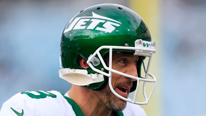 New York Jets quarterback Aaron Rodgers looks on before a matchup vs. the Jacksonville Jaguars on Sunday, Dec. 15, 2024 at EverBank Stadium. 