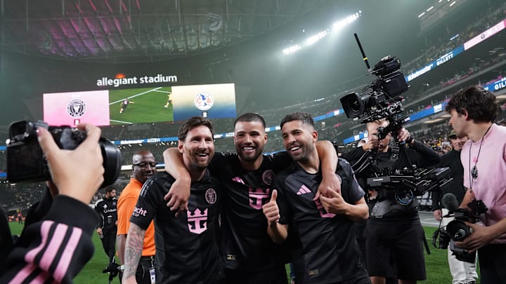 Inter Miami's Lionel Messi, Marcelo Weigandt and Jordi Alba after their preseason friendly against Club America.