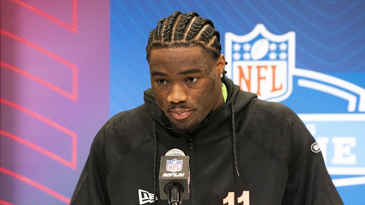 Alabama quarterback Jalen Milroe (QB11) talks to the press during the 2025 NFL Combine.