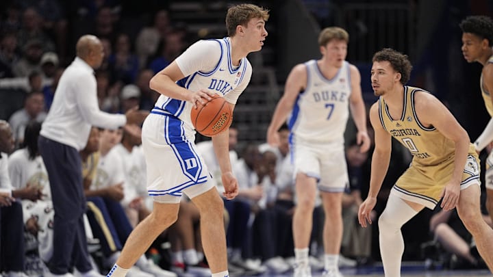 Duke Blue Devils forward Cooper Flagg looks over the Georgia Tech Yellow Jackets defense during the first half at Spectrum Center. 