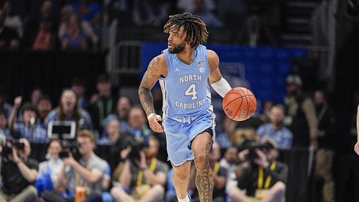Mar 14, 2025; Charlotte, NC, USA; North Carolina Tar Heels guard RJ Davis (4) brings the ball up court against the Duke Blue Devils during the first half at Spectrum Center. Mandatory Credit: Jim Dedmon-Imagn Images