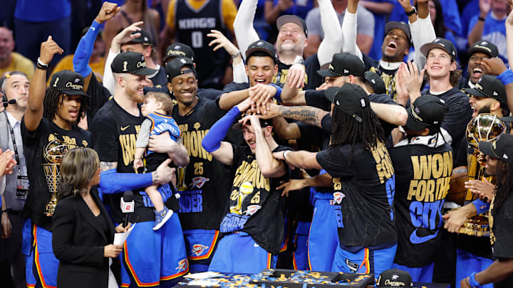 Jun 22, 2025; Oklahoma City, Oklahoma, USA; Oklahoma City Thunder guard Alex Caruso (9) celebrates after winning game seven of the 2025 NBA Finals Jun 22, 2025; Oklahoma City, Oklahoma, USA; Oklahoma City Thunder guard Alex Caruso (9) celebrates after winning game seven of the 2025 NBA Finals