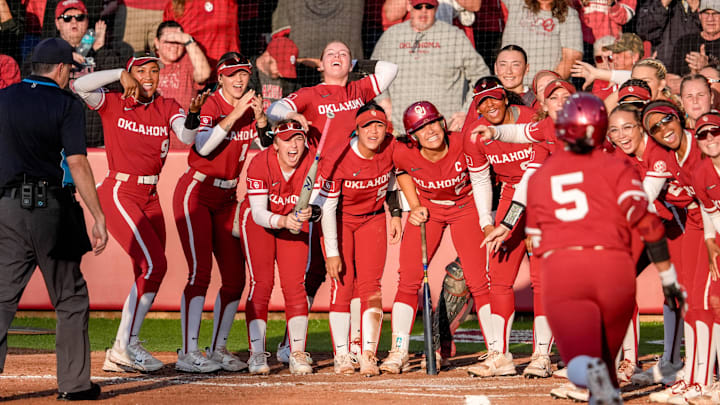 Oklahoma infielder Ella Parker (5) hits a home run during an NCAA softball game between Oklahoma (OU) and Texas at Love’s Field in Norman. Okla., on Saturday, April 26, 2025.