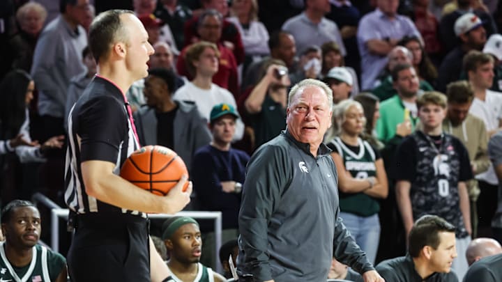 Feb 1, 2025; Los Angeles, California, USA;  Michigan State Spartans head coach Tom Izzo reacts during the second half against the USC Trojans at Galen Center. Mandatory Credit: William Navarro-Imagn Images