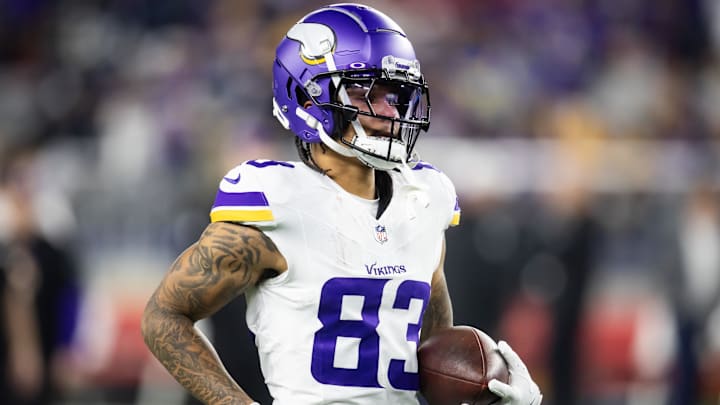 Jan 13, 2025; Glendale, AZ, USA; Minnesota Vikings wide receiver Jalen Nailor (83) against the Los Angeles Rams during an NFC wild card game at State Farm Stadium. Mandatory Credit: Mark J. Rebilas-Imagn Images