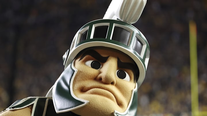 Oct 26, 2024; Ann Arbor, Michigan, USA;  Michigan State Spartans mascot Sparty on the sideline against the Michigan Wolverines at Michigan Stadium. Mandatory Credit: Rick Osentoski-Imagn Images