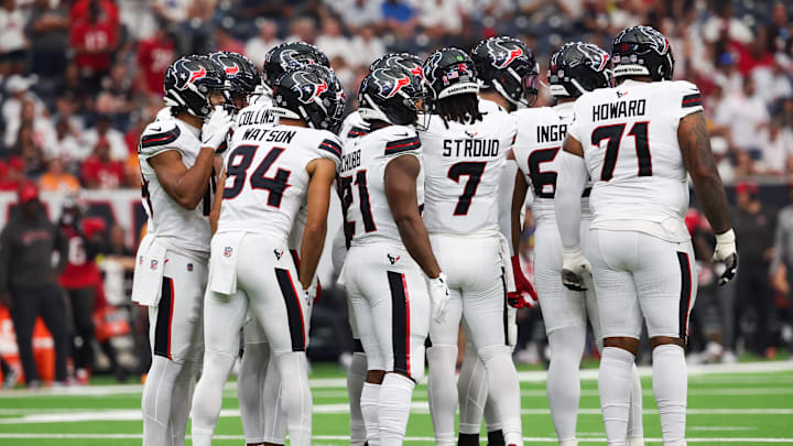 Sep 15, 2025; Houston, Texas, USA; The Houston Texans huddle during the first quarter against the Tampa Bay Buccaneers at NRG Stadium. Mandatory Credit: Thomas Shea-Imagn Images