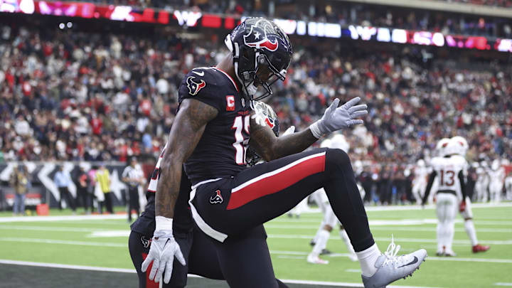 Dec 14, 2025; Houston, Texas, USA; Houston Texans wide receiver Nico Collins (12) celebrates after scoring a touchdown during the game against the Arizona Cardinals at NRG Stadium. Mandatory Credit: Troy Taormina-Imagn Images Dec 14, 2025; Houston, Texas, USA; Houston Texans wide receiver Nico Collins (12) celebrates after scoring a touchdown during the game against the Arizona Cardinals at NRG Stadium. Mandatory Credit: Troy Taormina-Imagn Images