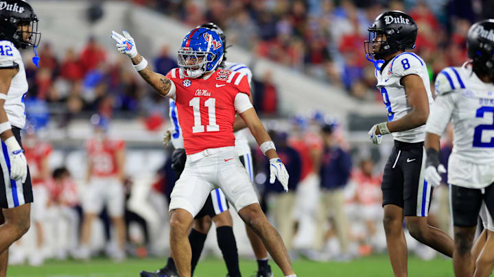 Mississippi Rebels wide receiver Jordan Watkins (11) signals a first down during the second quarter of the TaxSlayer Gator Bowl Thursday, Jan. 2, 2025 at EverBank Stadium in Jacksonville, Fla. [Corey Perrine/Florida Times-Union]