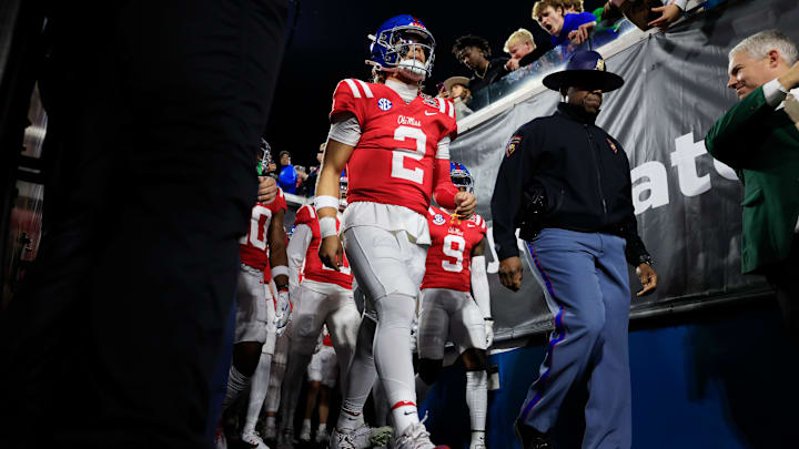 Mississippi Rebels quarterback Jaxson Dart (2) leads his team onto the field before the first quarter of the TaxSlayer Gator Bowl Thursday, Jan. 2, 2025 at EverBank Stadium in Jacksonville, Fla. [Corey Perrine/Florida Times-Union]