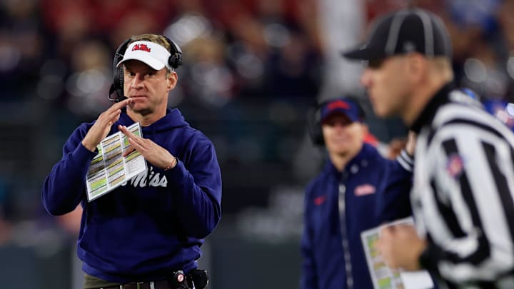 Mississippi Rebels head coach Lane Kiffin calls a time out during the first quarter of the TaxSlayer Gator Bowl Thursday, Jan. 2, 2025 at EverBank Stadium in Jacksonville, Fla. [Corey Perrine/Florida Times-Union]