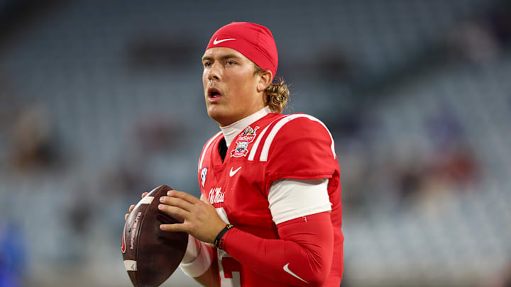 Jan 2, 2025; Jacksonville, FL, USA; Mississippi Rebels quarterback Jaxson Dart (2) warms up before the Gator Bowl against the Duke Blue Devils at EverBank Stadium. Mandatory Credit: Nathan Ray Seebeck-Imagn Images Jan 2, 2025; Jacksonville, FL, USA; Mississippi Rebels quarterback Jaxson Dart (2) warms up before the Gator Bowl against the Duke Blue Devils at EverBank Stadium. Mandatory Credit: Nathan Ray Seebeck-Imagn Images
