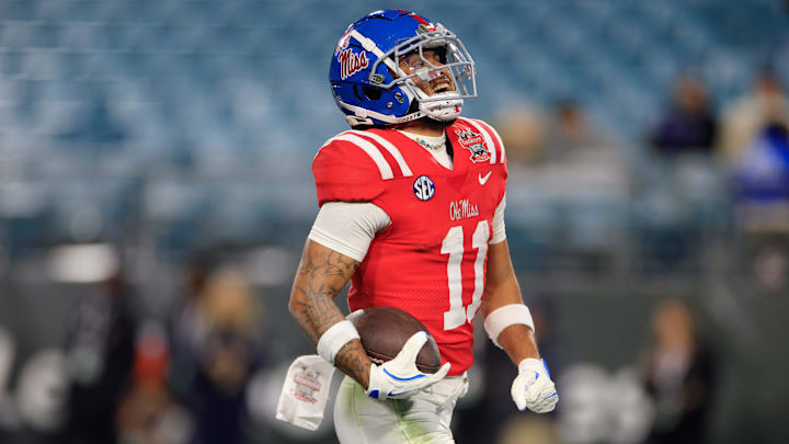 Mississippi Rebels wide receiver Jordan Watkins (11) smiles as he scores a touchdown during the fourth quarter of the TaxSlayer Gator Bowl Thursday, Jan. 2, 2025 at EverBank Stadium in Jacksonville, Fla. Ole Miss defeated Duke 52-20. [Corey Perrine/Florida Times-Union]