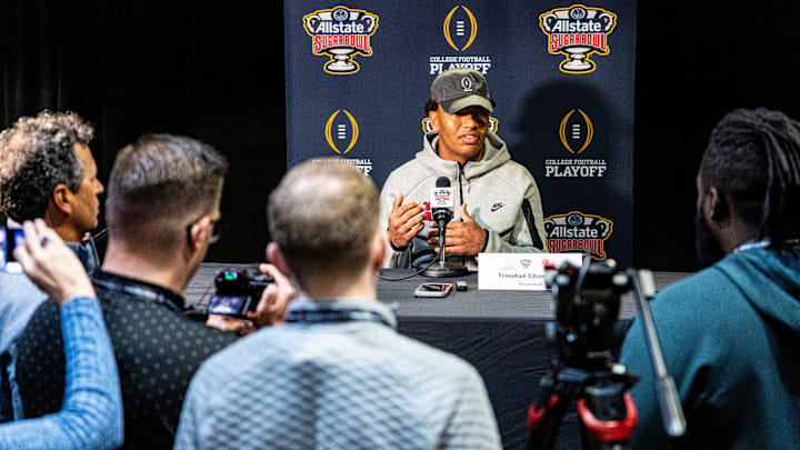 Ole Miss quarterback Trinidad Chambliss (6) takes questions from members of the press during the Sugar Bowl and College Football Playoff quarterfinals Media Day at Sheraton New Orleans Hotel in New Orleans, La., on Tuesday, Dec. 30, 2025. Players and coaches from Ole Miss and Georgia took questions from the press.