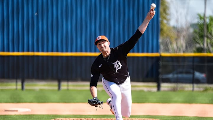 Detroit Tigers pitcher Tarik Skubal throws at batting practice during spring training at TigerTown in Lakeland, Fla. on Friday, Feb. 21, 2025. Detroit Tigers pitcher Tarik Skubal throws at batting practice during spring training at TigerTown in Lakeland, Fla. on Friday, Feb. 21, 2025.