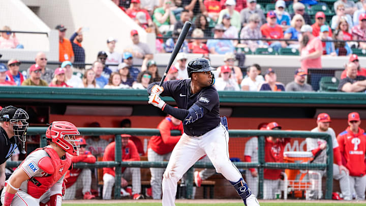 Detroit Tigers outfielder Justyn-Henry Malloy bats against Philadelphia Phillies during the fourth inning of a Grapefruit League game at Joker Marchant Stadium in Lakeland, Fla. on Saturday, Feb. 22, 2025.