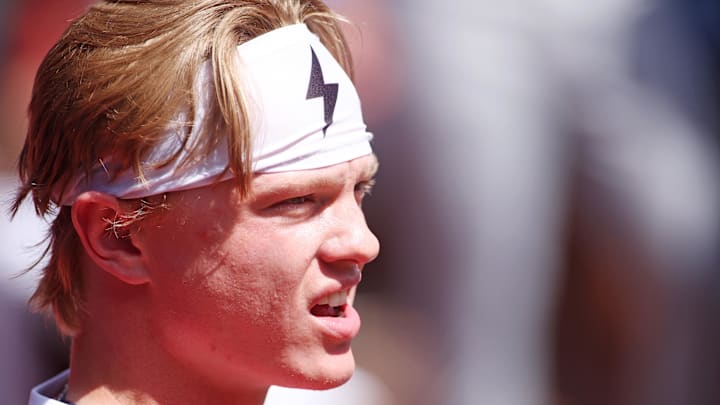 Jul 12, 2025; Atlanta, GA, USA;  American League outfielder Max Clark (13) of the Detroit Tigers looks on from the dugout during the first inning against National League at Truist Park.