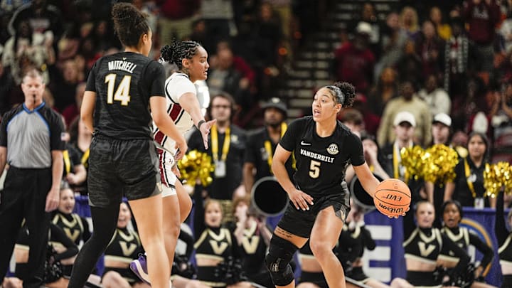 Mar 7, 2025; Greenville, SC, USA;  Vanderbilt Commodores guard Leilani Kapinus (5) looks to pass against the South Carolina Gamecocks during the second half at Bon Secours Wellness Arena. Mandatory Credit: Jim Dedmon-Imagn Images
