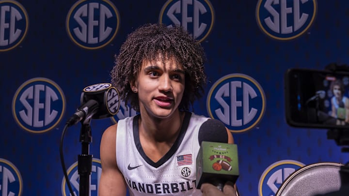 Oct 14, 2025; Birmingham, AL, USA; Vanderbilt Commodores player Tyler Tanner talks with the media during SEC Media Days at Grand Bohemian Hotel. Mandatory Credit: Vasha Hunt-Imagn Images