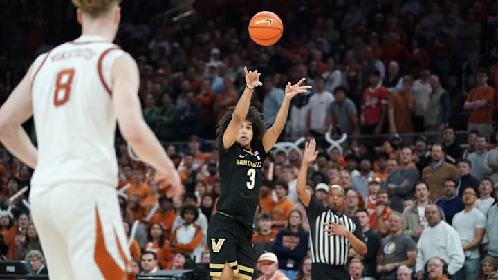 Jan 14, 2026; Austin, Texas, USA; Vanderbilt Commodores guard Tyler Tanner (3) shoots a three point basket during the second half against the Texas Longhorns at Moody Center. Mandatory Credit: Dustin Safranek-Imagn Images