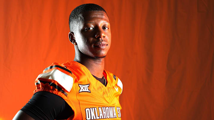 Oklahoma State cornerback Jaylin Davies poses for a photograph during the Oklahoma State Cowboys football media days in Gallagher-Iba Arena in Stillwater, Oklahoma, Saturday, Aug., 2, 2025. Oklahoma State cornerback Jaylin Davies poses for a photograph during the Oklahoma State Cowboys football media days in Gallagher-Iba Arena in Stillwater, Oklahoma, Saturday, Aug., 2, 2025.