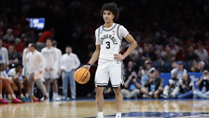 Mar 19, 2026; Oklahoma City, OK, USA; Vanderbilt Commodores guard Tyler Tanner (3) dribbles down court during the first half against the McNeese Cowboys during a first round game of the men's 2026 NCAA Tournament at Paycom Center. Mandatory Credit: Alonzo Adams-Imagn Images
