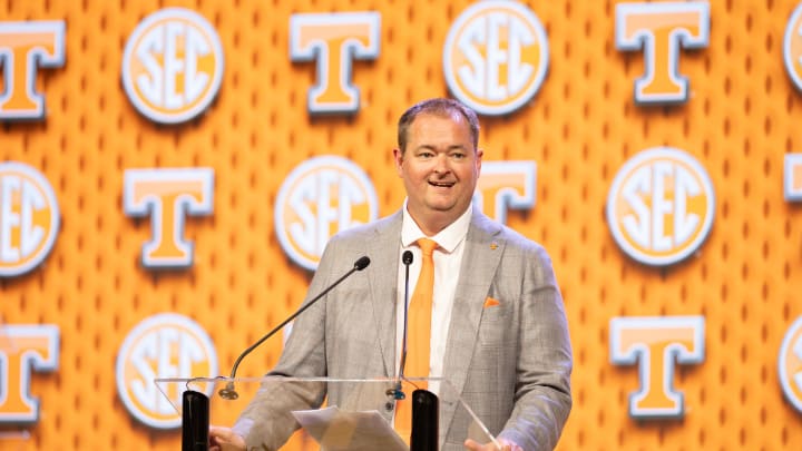 Jul 16, 2024; Dallas, TX, USA; Tennessee head coach Josh Heupel speaking at Omni Dallas Hotel. Mandatory Credit: Brett Patzke-USA TODAY Sports Jul 16, 2024; Dallas, TX, USA; Tennessee head coach Josh Heupel speaking at Omni Dallas Hotel. Mandatory Credit: Brett Patzke-USA TODAY Sports