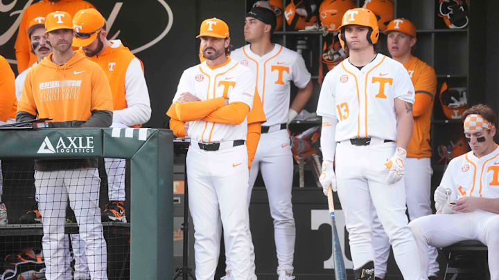 Tennessee head coach Tony Vitello watches from the dugout at the Tennessee baseball season opener against Hofstra, in Lindsey Nelson Stadium at University of Tennessee in Knoxville, Tenn., Friday, February. 14, 2025.