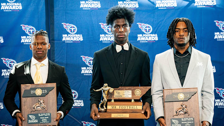 CLASS 3A: Skylan Smith, Covington, Sr. - Here finalist Smith, left, pose with winner Radarious Jackson, and finalist Brandon Winton Jr. during the Mr. Football Awards at Nissan Stadium in Nashville on Dec. 5, 2023.