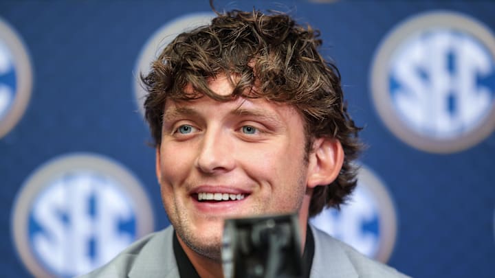 Jul 15, 2025; Atlanta, GA, USA; Tennessee Volunteers tight end Miles Kitselman answers media day questions during SEC Media Days at Omni Atlanta Hotel. Mandatory Credit: Jordan Godfree-Imagn Images